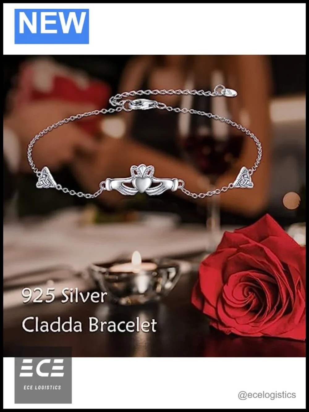 Sterling Silver Claddagh Link Bracelet Adjustable Charm Friendship Gift